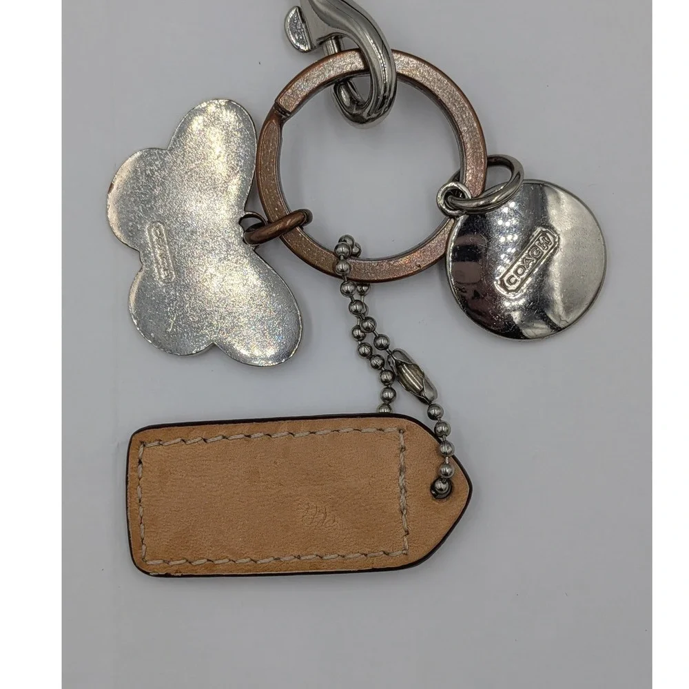 Coach Keychain Bag Charm Pink Butterfly Tan Silver Leather Hangtag Logo Vintage